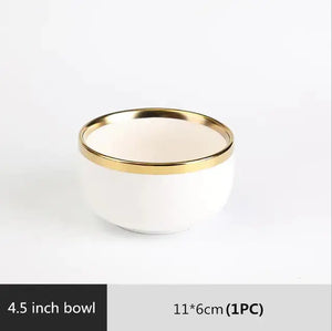 High-quality Matte Gilt Rim White Porcelain Dinner Tray Kitchen Plates Ceramic Tableware Food Dishes Rice Salad Noodles Bowl Rieworkes