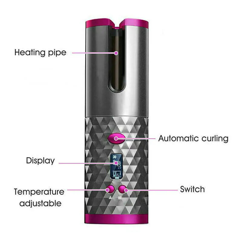 Hair Curler LCD Cordless Auto Rotating Waver Curling Iron Ceramic Wireless USA Rieworkes