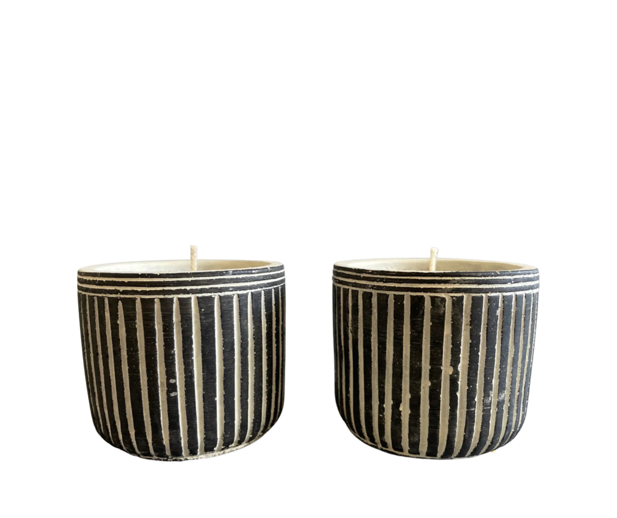 Luxury Pinstripe Stone Designer Candle Set (2) - Belgian Linen Rieworkes