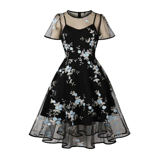 Elegant 1950s Embroidered Mesh Retro Party Dress Mimarta