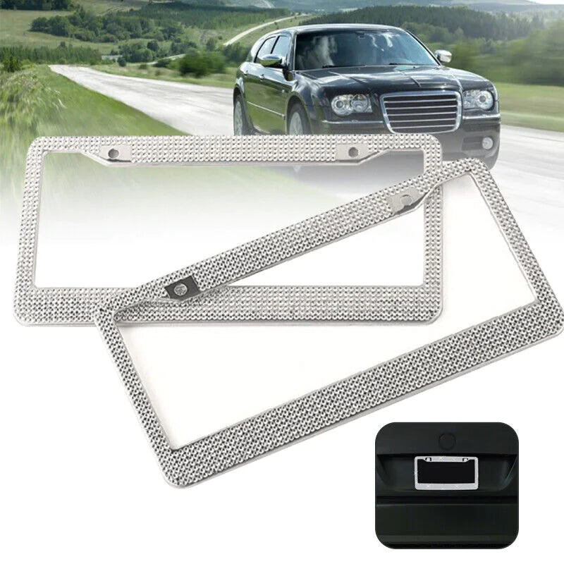 2PCS Bling License Plate Frame Glitter Crystal Sparkling Rhinestone Diamond Caps Rieworkes