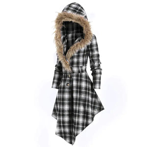 New Women's Winter Plaid Coat with Hood and Belt Mimarta