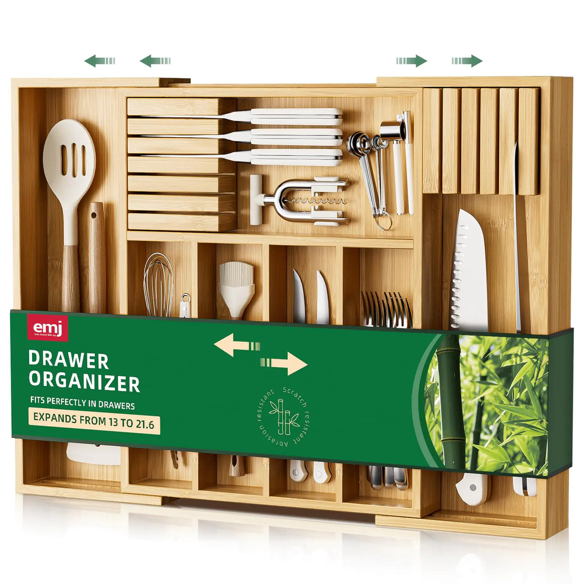 Emojoy Silverware StorageCarbonized Bamboo Cutlery Storage Organizer Expandable Cutlery Rack 7 Slots Perfect for Storing Cutlery and Kitchen Utensils with Removable Knife Holder Rieworkes