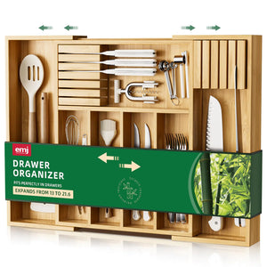 Emojoy Silverware StorageCarbonized Bamboo Cutlery Storage Organizer Expandable Cutlery Rack 7 Slots Perfect for Storing Cutlery and Kitchen Utensils with Removable Knife Holder Rieworkes