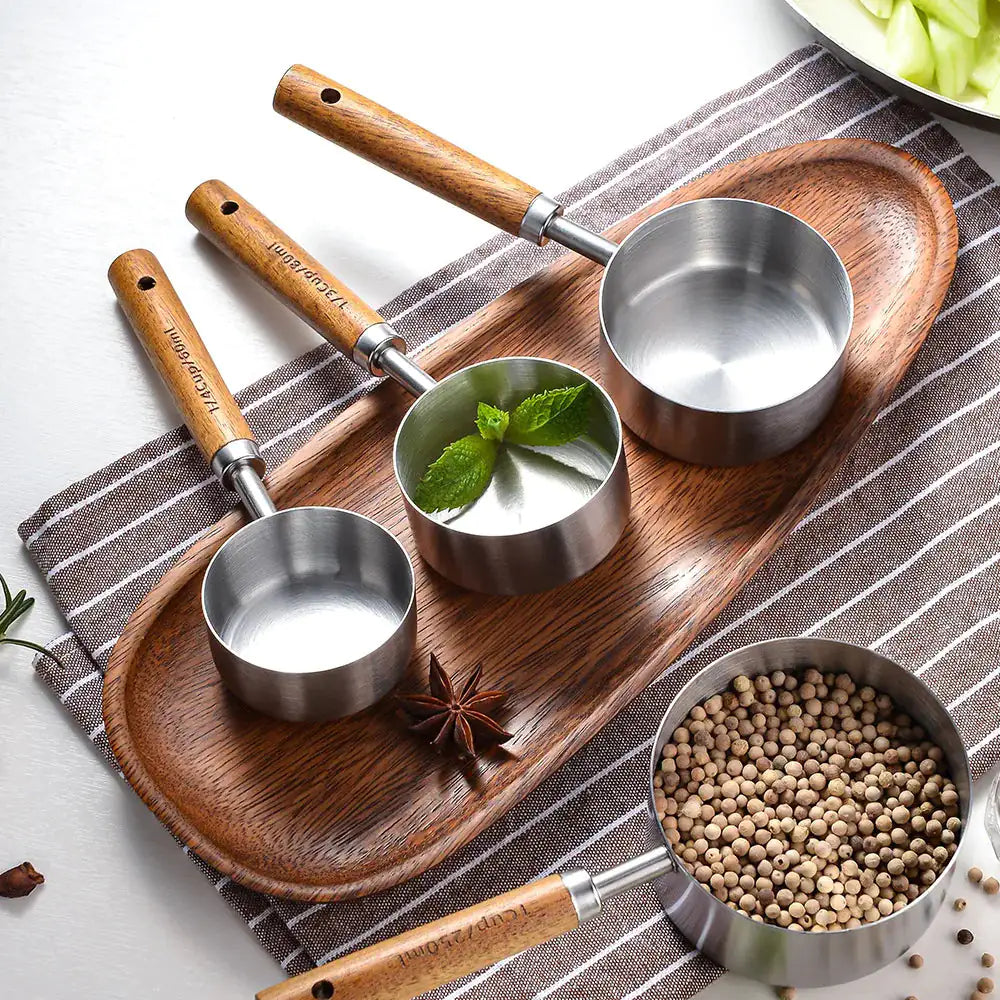 Wooden Handle Stainless Steel Measuring Cups Set Rieworkes