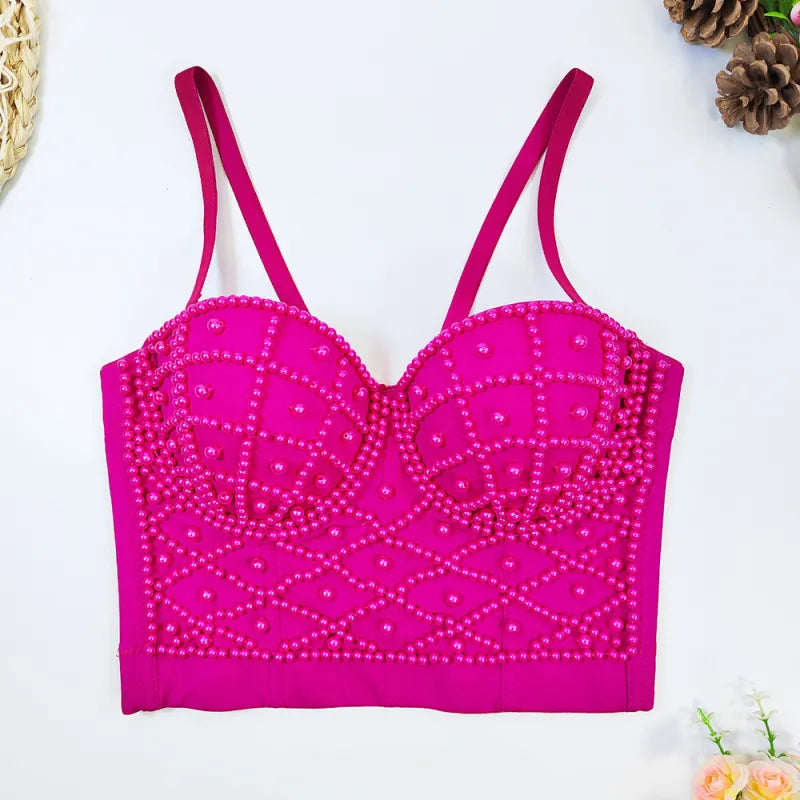 Women's Fashionable Elegant Pearl Spaghetti-strap Camisole Top With Chest Pad Rieworkes