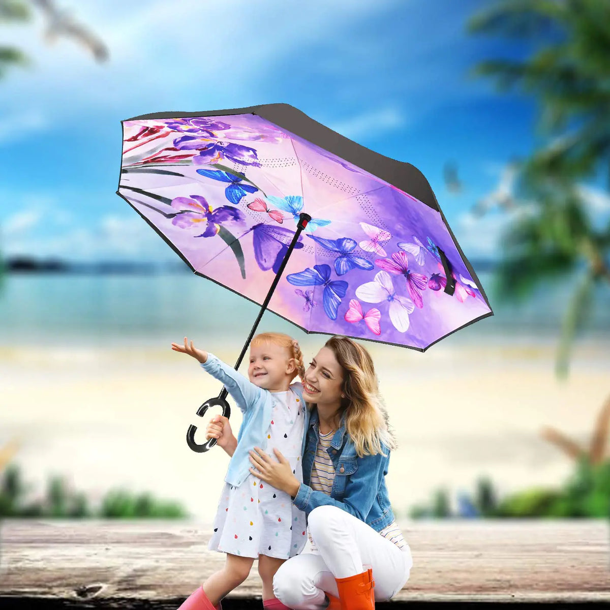 SIEPASA 49/56 Inch Inverted Reverse Upside Down Umbrella, Extra Large Double Canopy Vented Windproof Waterproof Stick Golf Umbrellas with C-shape Handle. Blue Butterfly 49 Inch Rieworkes
