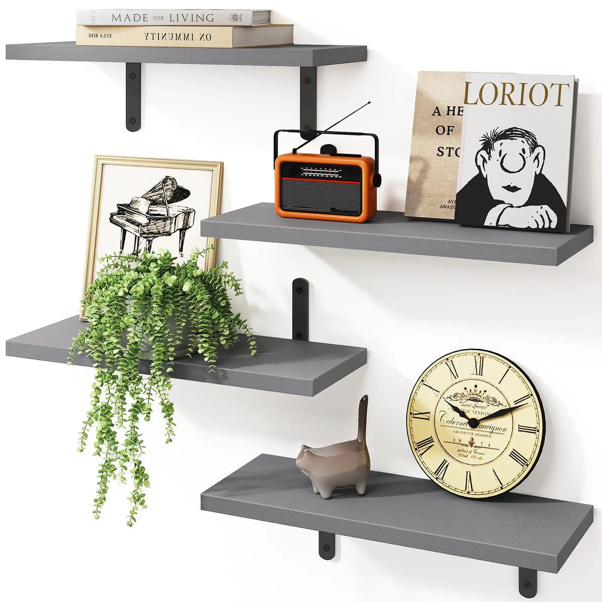 Fixwal Grey Floating Shelves for Wall 4 Sets Wood Shelves Farmhouse Wall Shelf Wall Mounted Floating Shelves for Bedroom Decor Bathroom Storage Book Shelf for Wall - Grey Mimarta