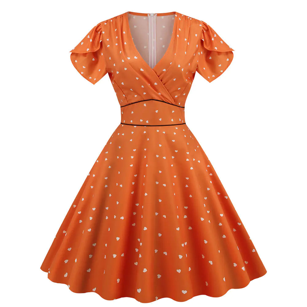 Plus Size Elegant French Vintage Orange Polka Dot Dress Mimarta