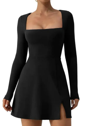 Women's Square Collar Corset Long Sleeve Slit Flared Rieworkes