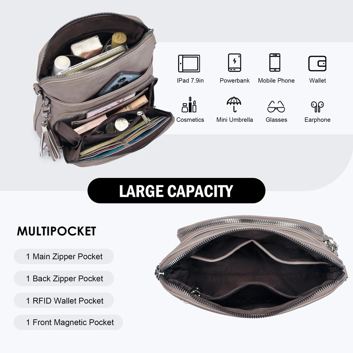 Crossbody Purse for Women,Lightweight Medium Crossbody Bag Soft Leather Women's Shoulder Handbags with Tassel Taupe Rieworkes