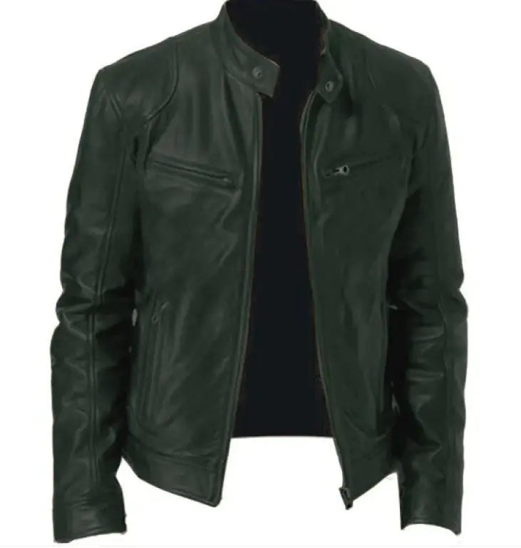 Men's Zip Cardigan PU Leather Jacket With Stand Collar Rieworkes