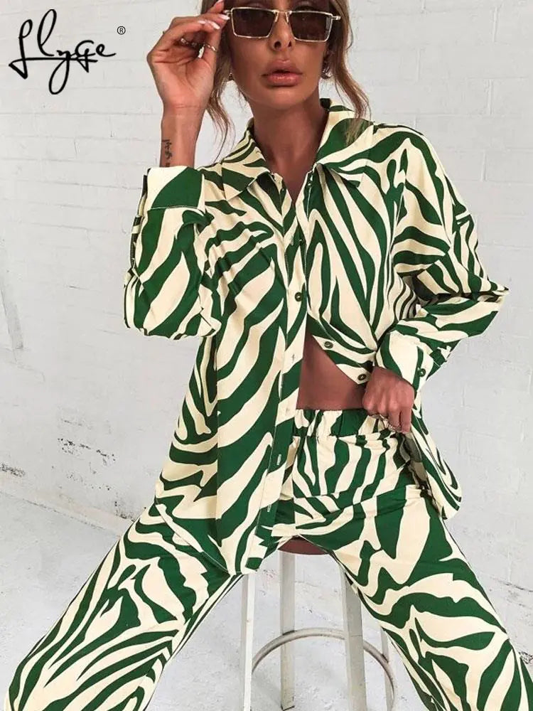 Loose Stripe Pants Set Elegant Long Sleeve Top Rieworkes