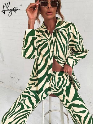 Loose Stripe Pants Set Elegant Long Sleeve Top Rieworkes