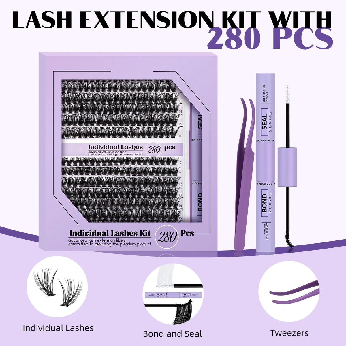 Lash Extension Kit for Beginners 280pcs Eyelash Extension Kit 30D 9-16 Mixed Lash Clusters Kit D Curl Lash Kit with Lash Bond and Seal Individual Lashes Kit DIY (KIT,30D-D-9-16MIX) Lash Cluster Kit-30D-D 9-16MIX Rieworkes
