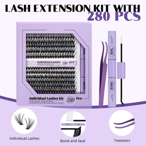 Lash Extension Kit for Beginners 280pcs Eyelash Extension Kit 30D 9-16 Mixed Lash Clusters Kit D Curl Lash Kit with Lash Bond and Seal Individual Lashes Kit DIY (KIT,30D-D-9-16MIX) Lash Cluster Kit-30D-D 9-16MIX Rieworkes