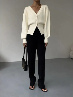 Fashion V-neck Sweater Coat Women New Style Short Long Sleeves Rieworkes