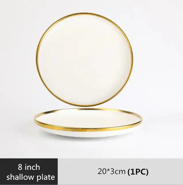 High-quality Matte Gilt Rim White Porcelain Dinner Tray Kitchen Plates Ceramic Tableware Food Dishes Rice Salad Noodles Bowl Rieworkes