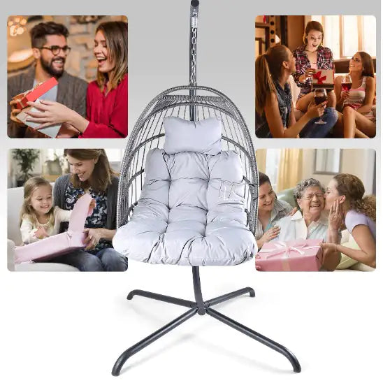 Swing Egg Chair With Stand Indoor And Outdoor Rattan Patio Basket Sling Chair With C-bracket, Patio Wicker Folding Sling Chair Rieworkes