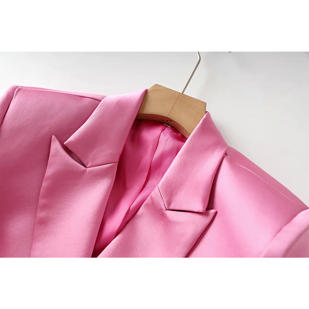 Fashionable Pink Satin Suit Jacket and Skirt Set Mimarta
