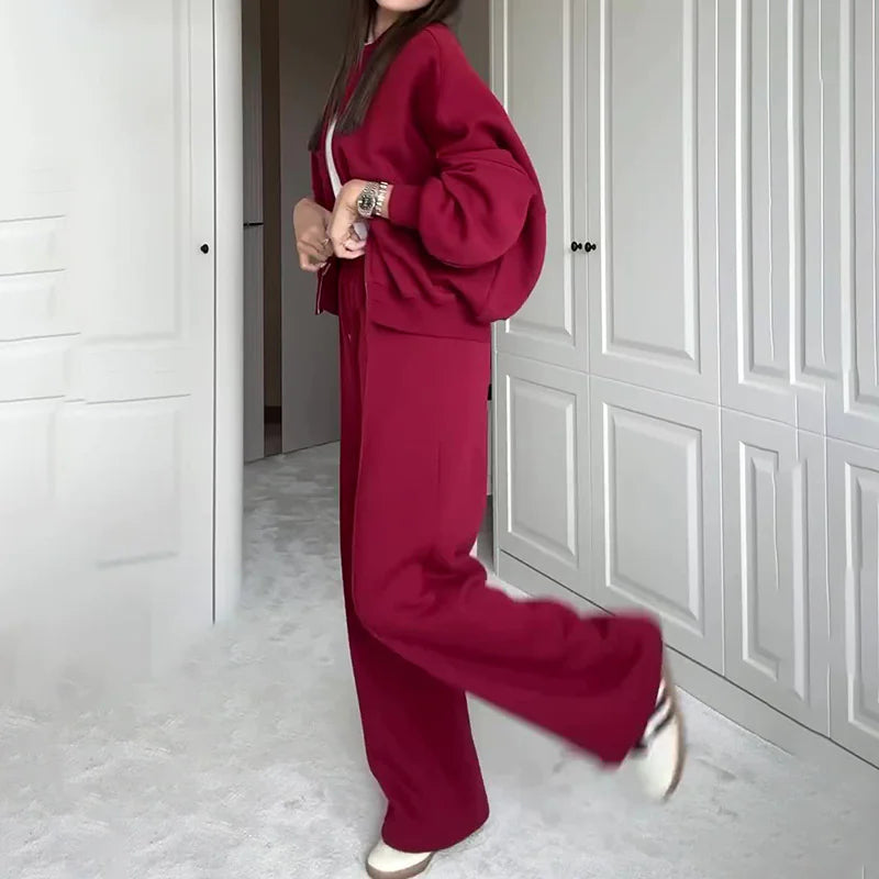 BASIC Solid Color Zip Sweater and Trousers Suit for Women Rieworkes