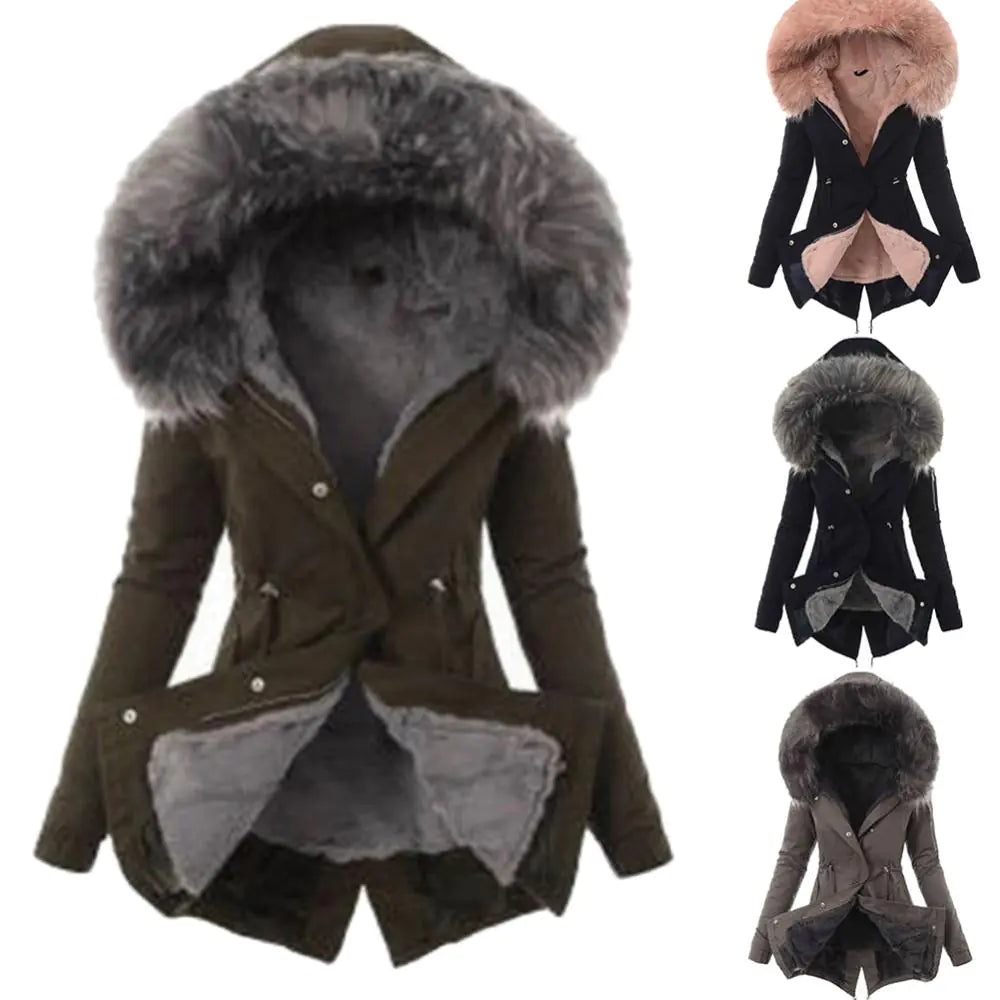 Casual Long Cotton Puffer Coat with Faux Fur Hood Mimarta