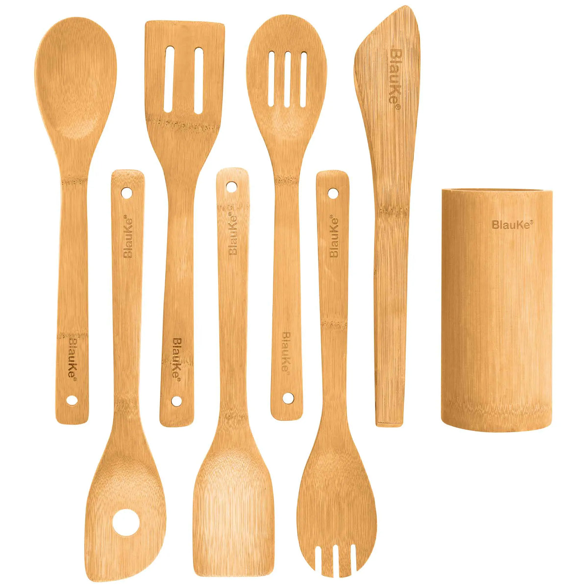 Bamboo Kitchen Utensils Set 8-Pack - Wooden Cooking Utensils for Nonstick Cookware - Wooden Cooking Spoons, Spatulas, Turner, Tongs, Utensil Holder Rieworkes
