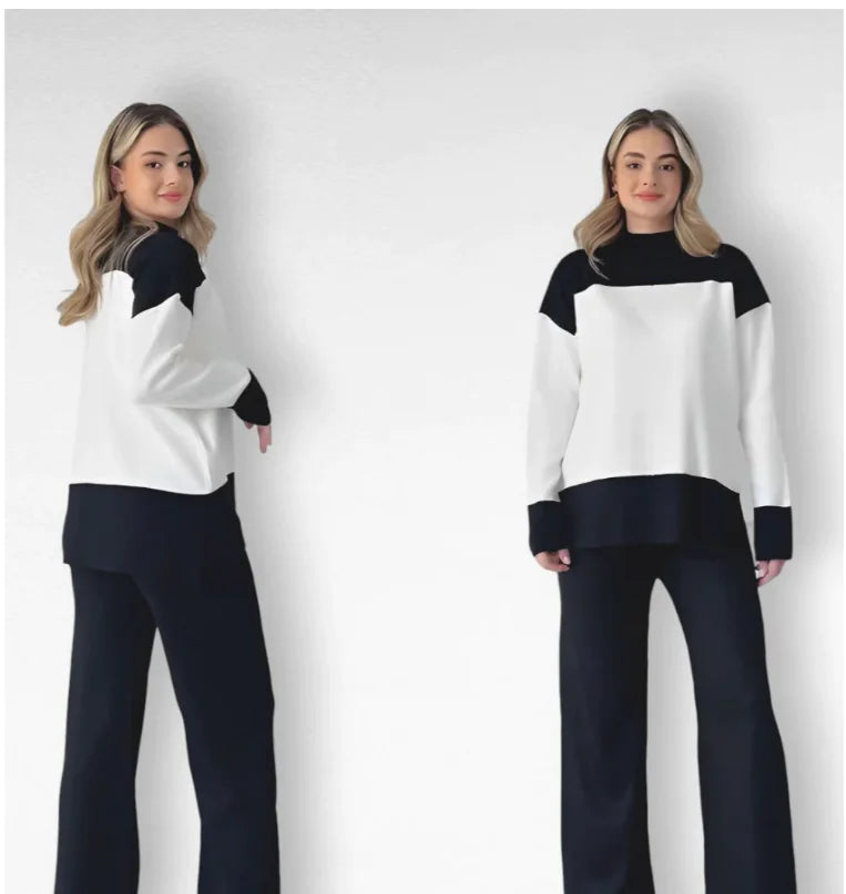 European And American Fashion Color Matching Top Loose All-match Wide Leg Pants Suit Women Rieworkes