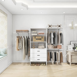 306 Closet Organizer System with Closet Shelves Wall Mounted, White Clothing Racks for Hanging Clothes, Clothes Organizer with Closet Drawers, Wooden Wardrobe Closet System with Hanging Rod Rieworkes