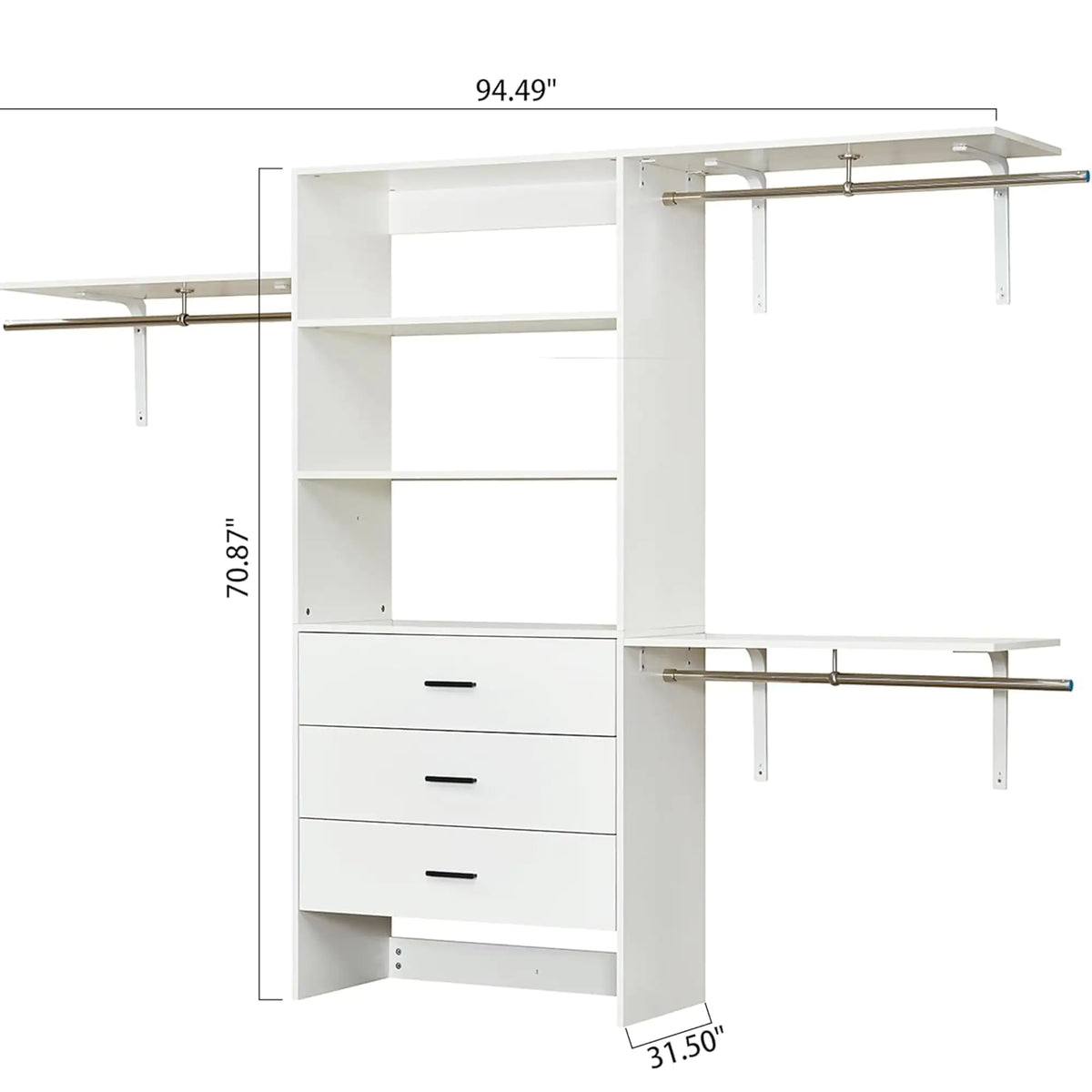 306 Closet Organizer System with Closet Shelves Wall Mounted, White Clothing Racks for Hanging Clothes, Clothes Organizer with Closet Drawers, Wooden Wardrobe Closet System with Hanging Rod Rieworkes