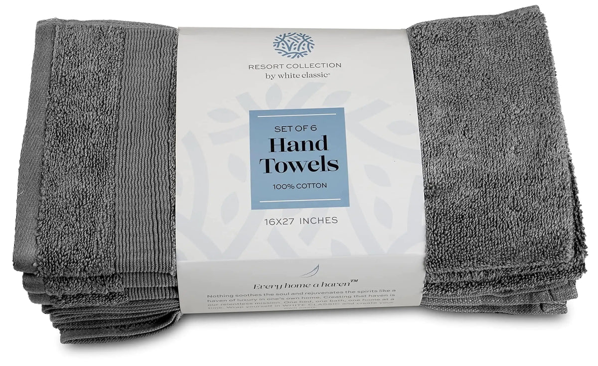 Resort Collection Soft Hand Towels 16x27 in 6 Pack Smoke Grey Luxury Hotel Rieworkes