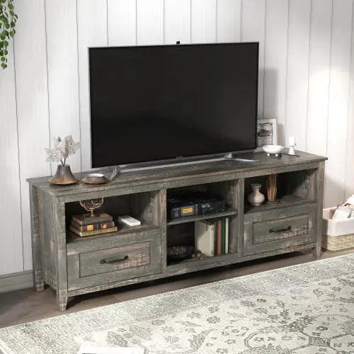 70 Inch Length TV Stand For Living Room And Bedroom, With 2 Drawers And 4 High-Capacity Storage Compartment, Black Pine Rieworkes