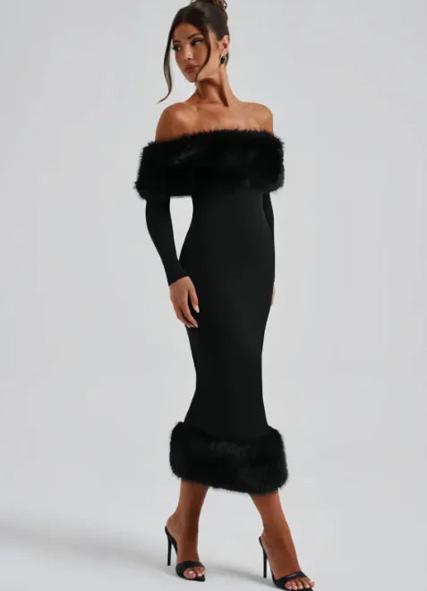 Fur Collar Slim Fit Dress Rieworkes