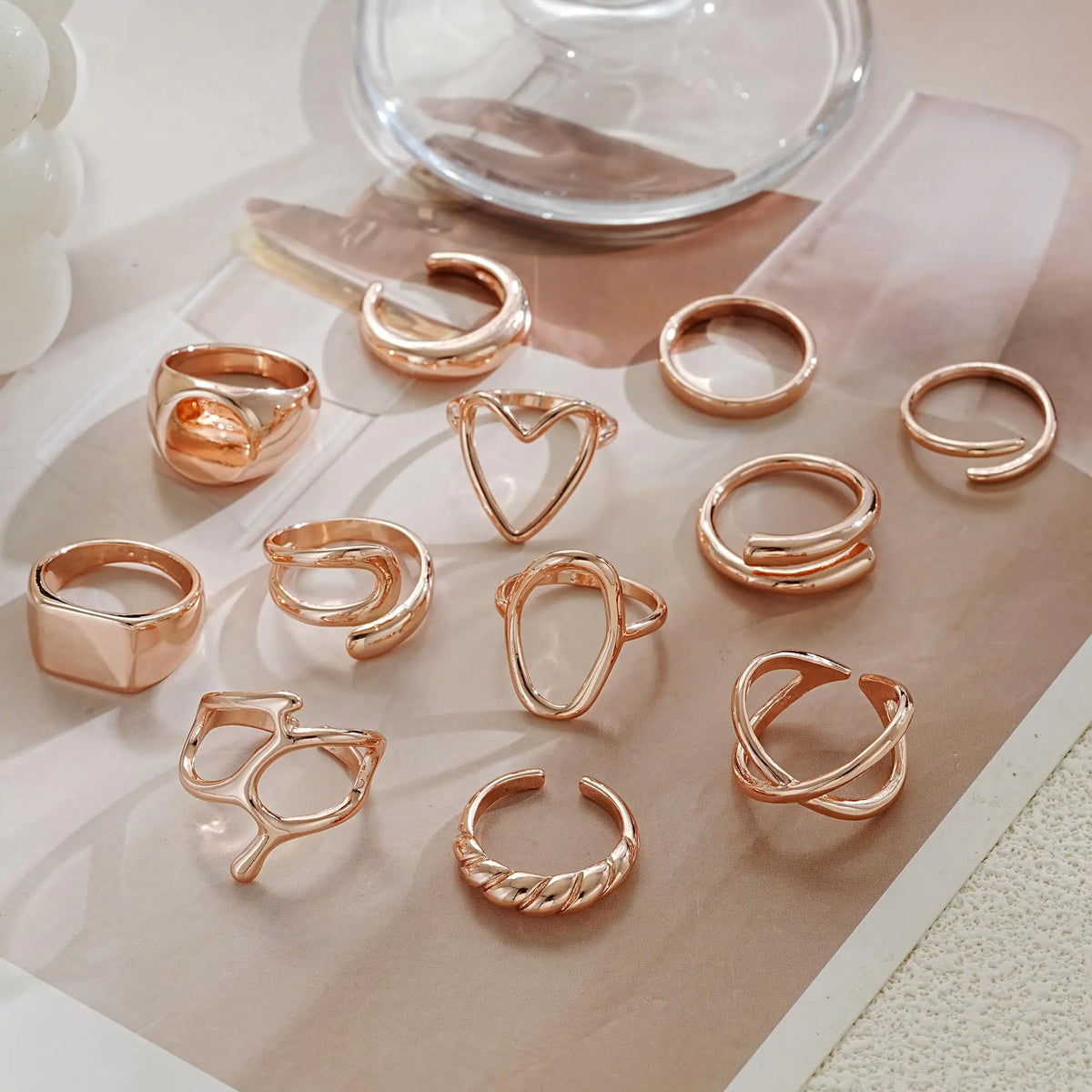 FAXHION 12PCS Gold Stackable Rings Set for Women, 18K Gold Plated Open Stacking Knuckle Ring, Adjustable Chunky Signet Rings for Gift 1-Rose-12pcs Rieworkes