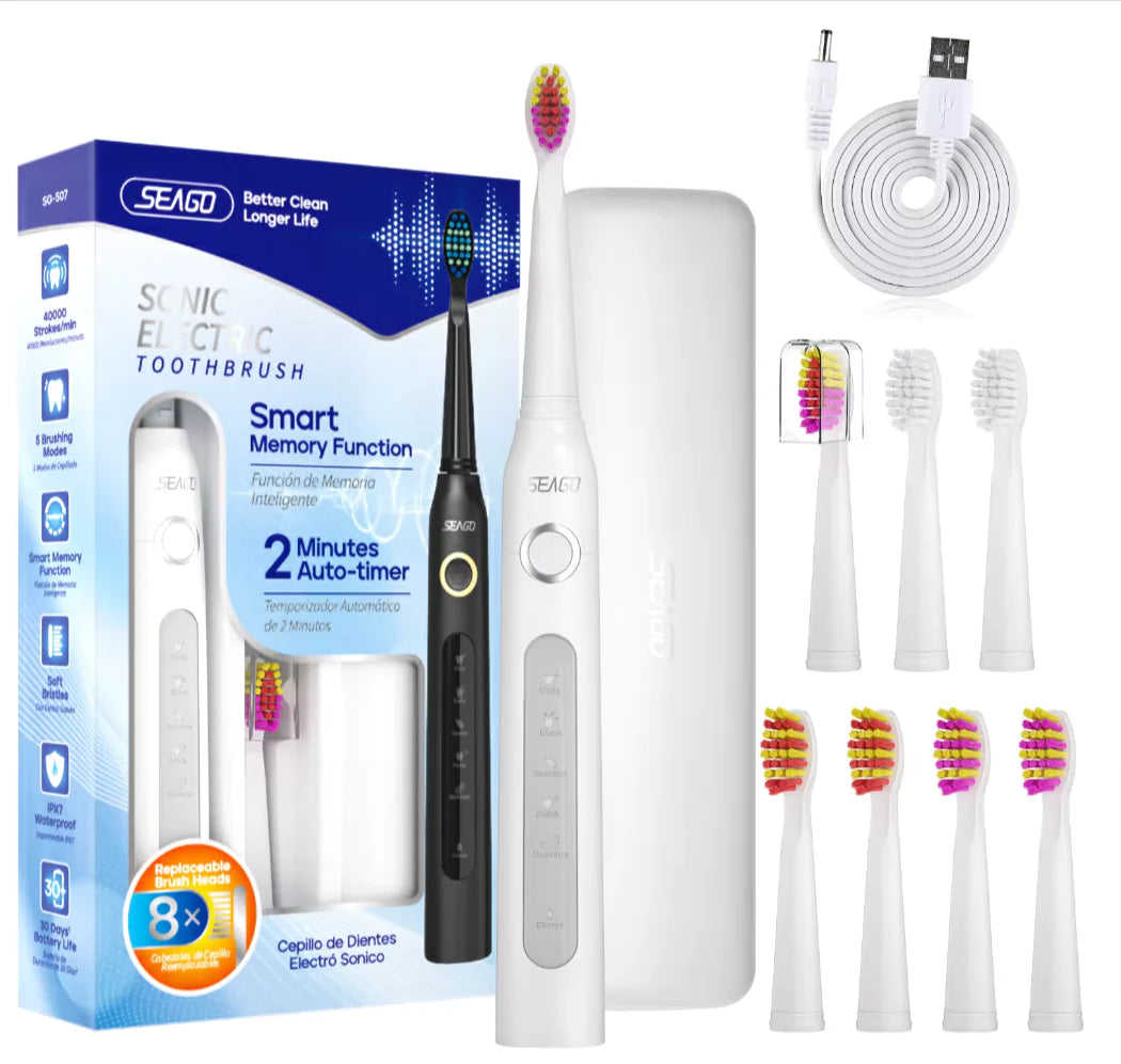 Seago Sonic Toothbrush Electric Toothbrush Cleaning Teeth 5 Modes with 8 Replaceable Brush Heads 2 Min Timer With Portable Box Rieworkes