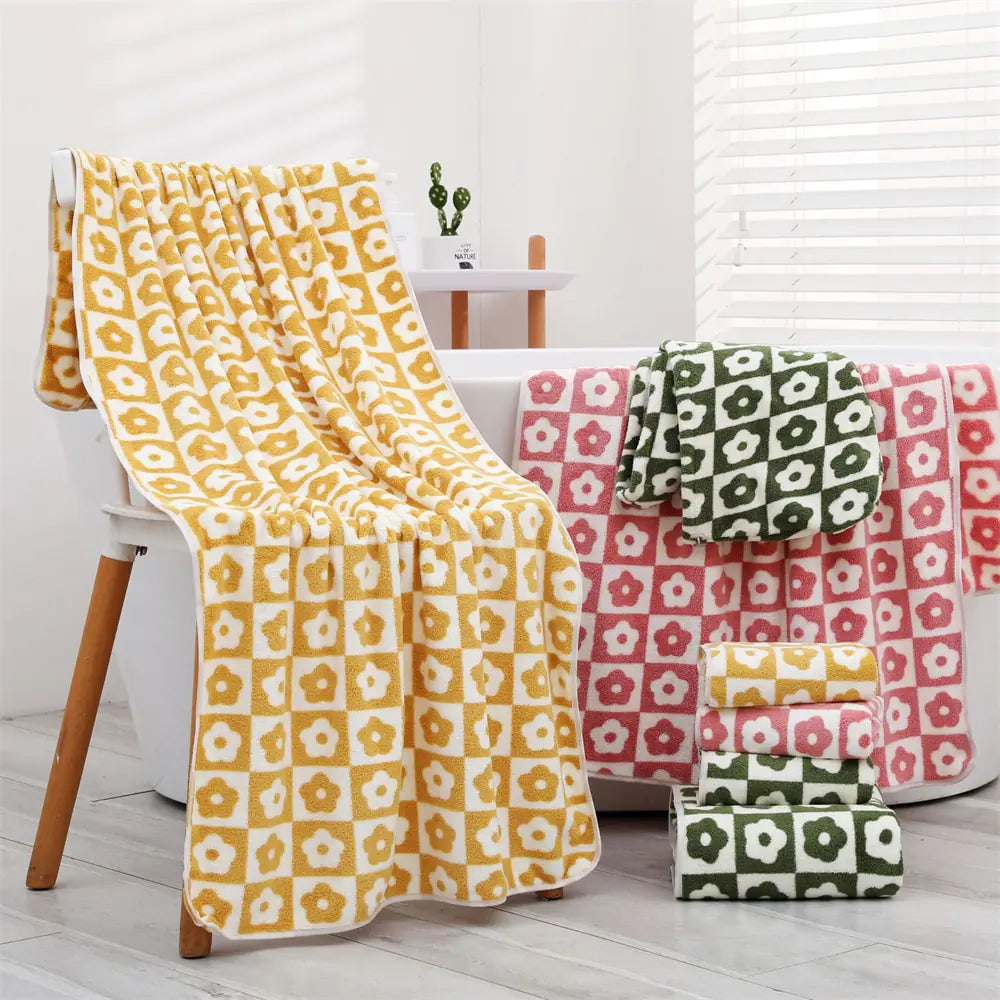 Cute Plaid Flowers Microfiber Towel Bath Towel Soft  Face Towels Rieworkes