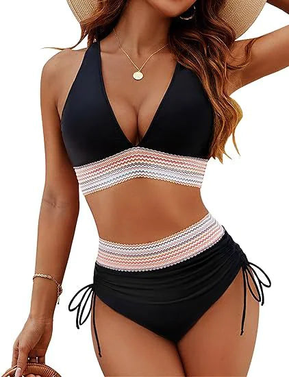 Bikini Set With Color Blocking Drawstring Swimsuit Rieworkes