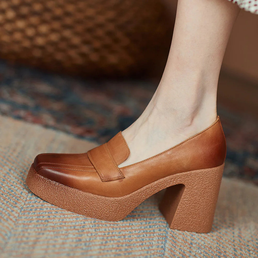 Women's Leather Retro Thick Sole Square Toe Shoes Rieworkes
