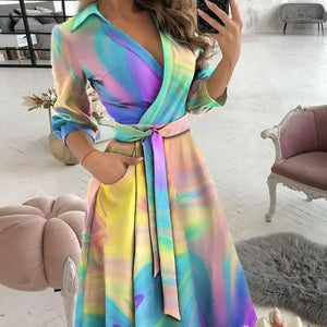 Women's Long Sleeve V-Neck Printed Fashion Dress Mimarta