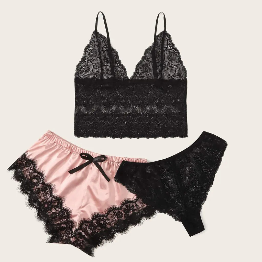 Women's 3-Piece Lace Pajama Set with Shorts and Top Mimarta