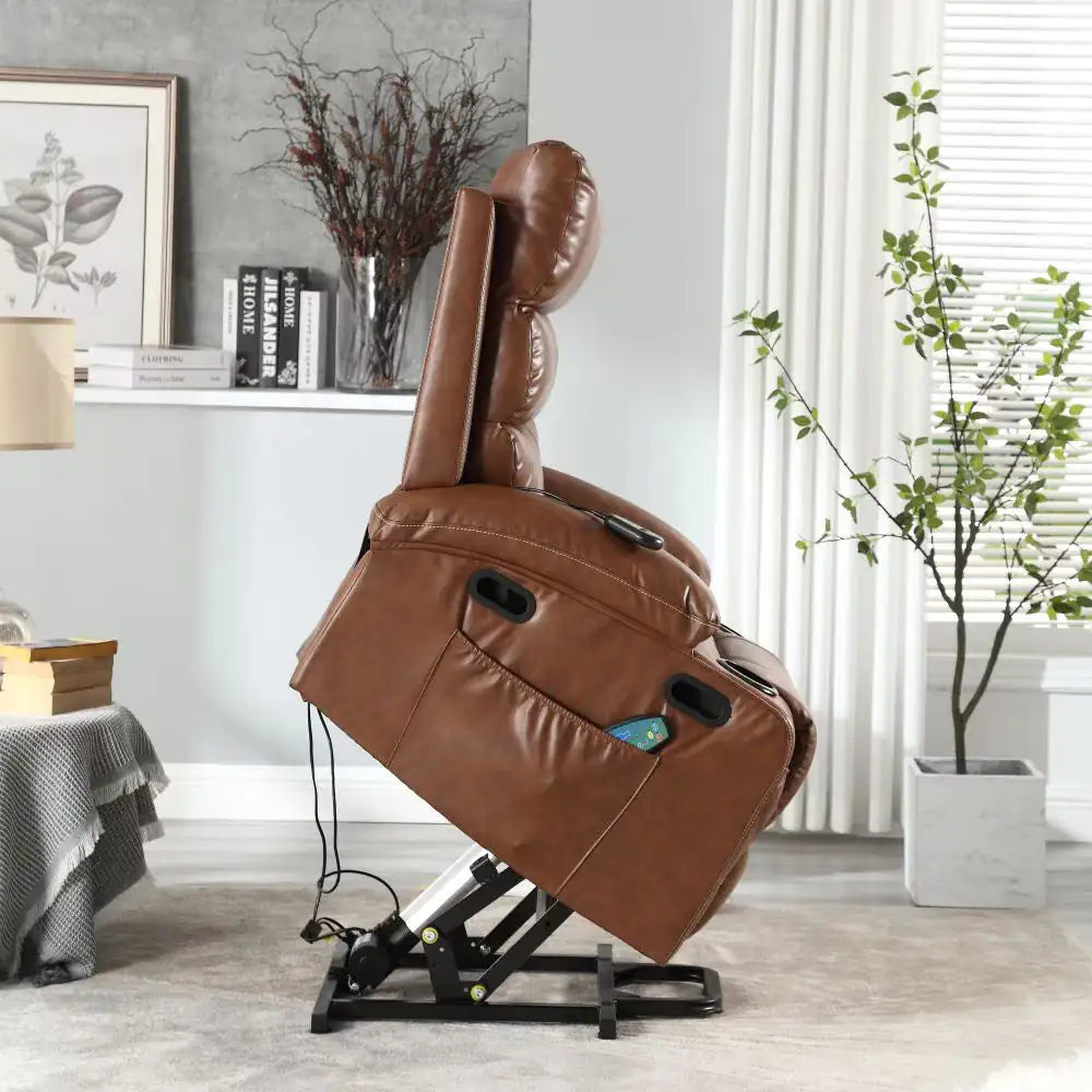 21 Inch Seat Width, Large-sized Electric Lift Recliner Sofa, 8-point Vibration Massage And Wood Heating, Remote Control, Side Pockets And Cup Holder, Comfortable Fabric, Filled Armrests Rieworkes