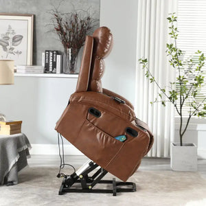 21 Inch Seat Width, Large-sized Electric Lift Recliner Sofa, 8-point Vibration Massage And Wood Heating, Remote Control, Side Pockets And Cup Holder, Comfortable Fabric, Filled Armrests Rieworkes