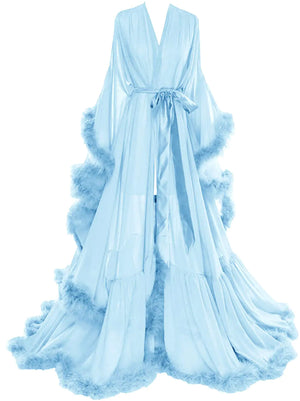 Molisa Womens Sexy Feather Bridal Robe Long Wedding Scarf Illusion Bathrobe Sleepwear Lingerie Robe Nightgown Light Blue S/M Mimarta