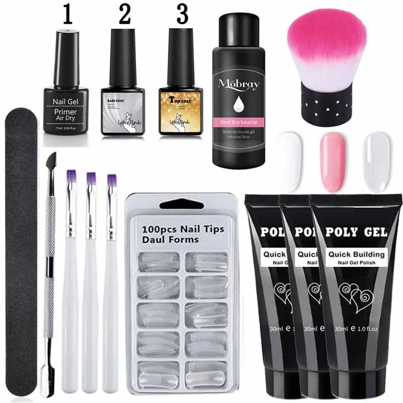 French Nail Art Poly Gel Kit with UV Brush and Nail Tips Rieworkes