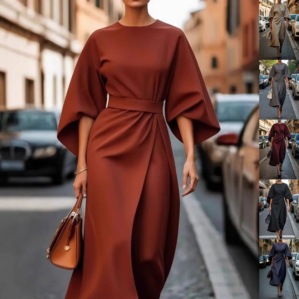 Loose Batwing Sleeve Dress Fashion Waist-tighted Solid Color Elegant Dresses For Women Clothing Mimarta