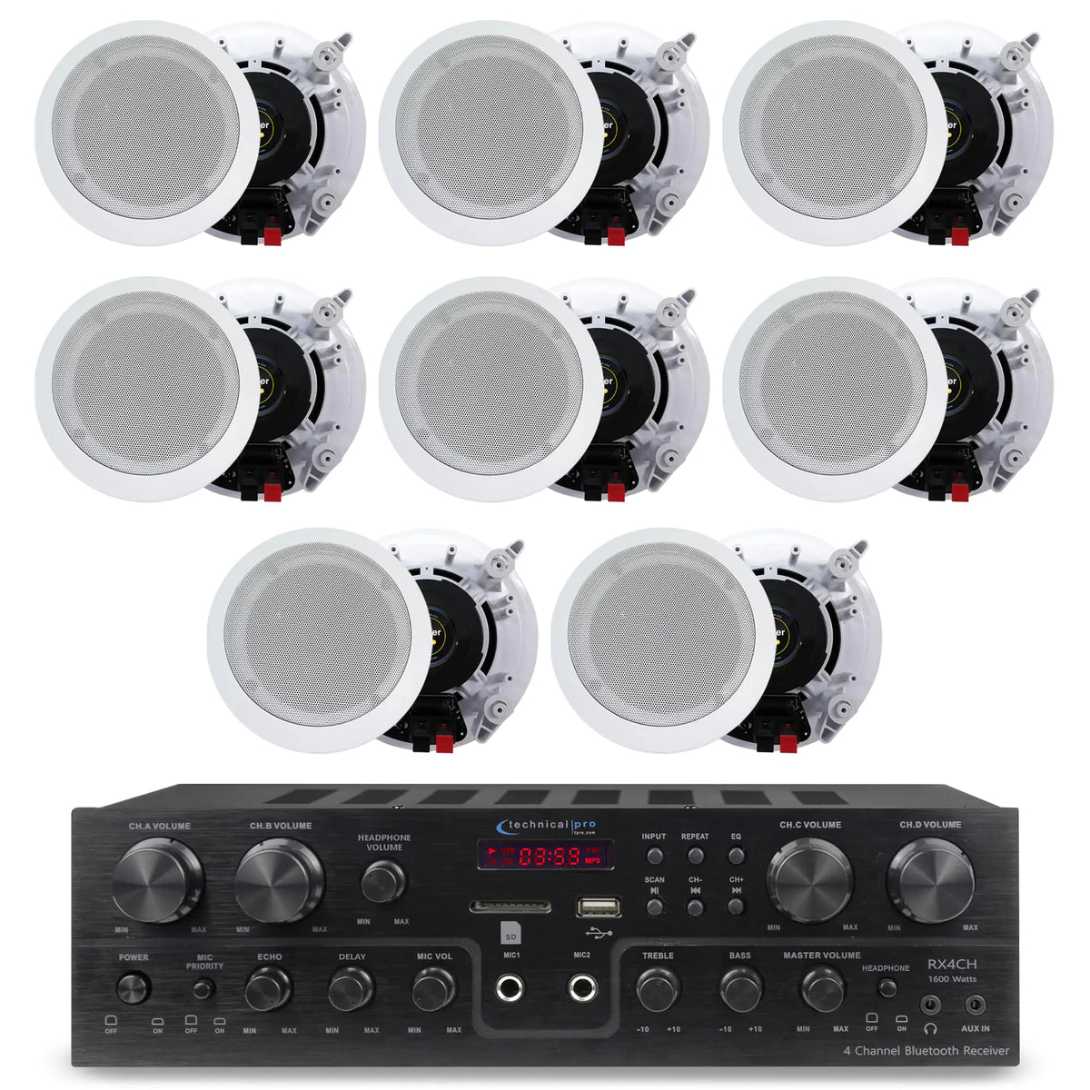 Home Theater System Kit with 1000 Watts 4-Chanel Bluetooth Receiver & 8 Qty 6.5" 200 Watts in-Wall in-Ceiling Speakers of 2-Way Stereo Sound with Woofer/Tweeter Flush Design by Technical Pro Mimarta