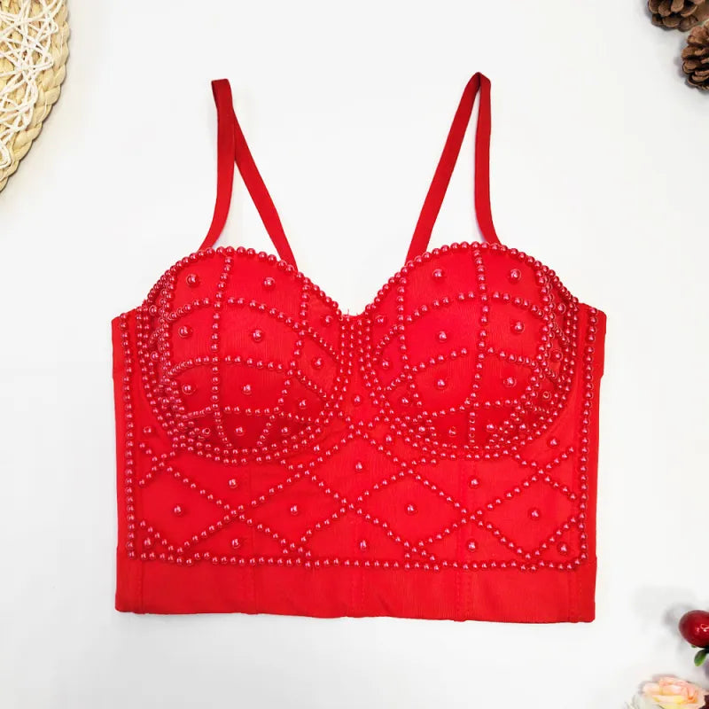Women's Fashionable Elegant Pearl Spaghetti-strap Camisole Top With Chest Pad Rieworkes