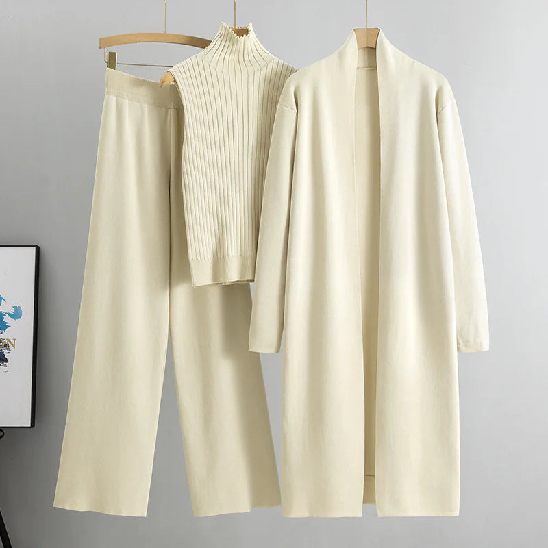 Women's 3-Piece Knit Set: Sleeveless Vest, Long Cardigan, and Wide-Leg Pants Rieworkes