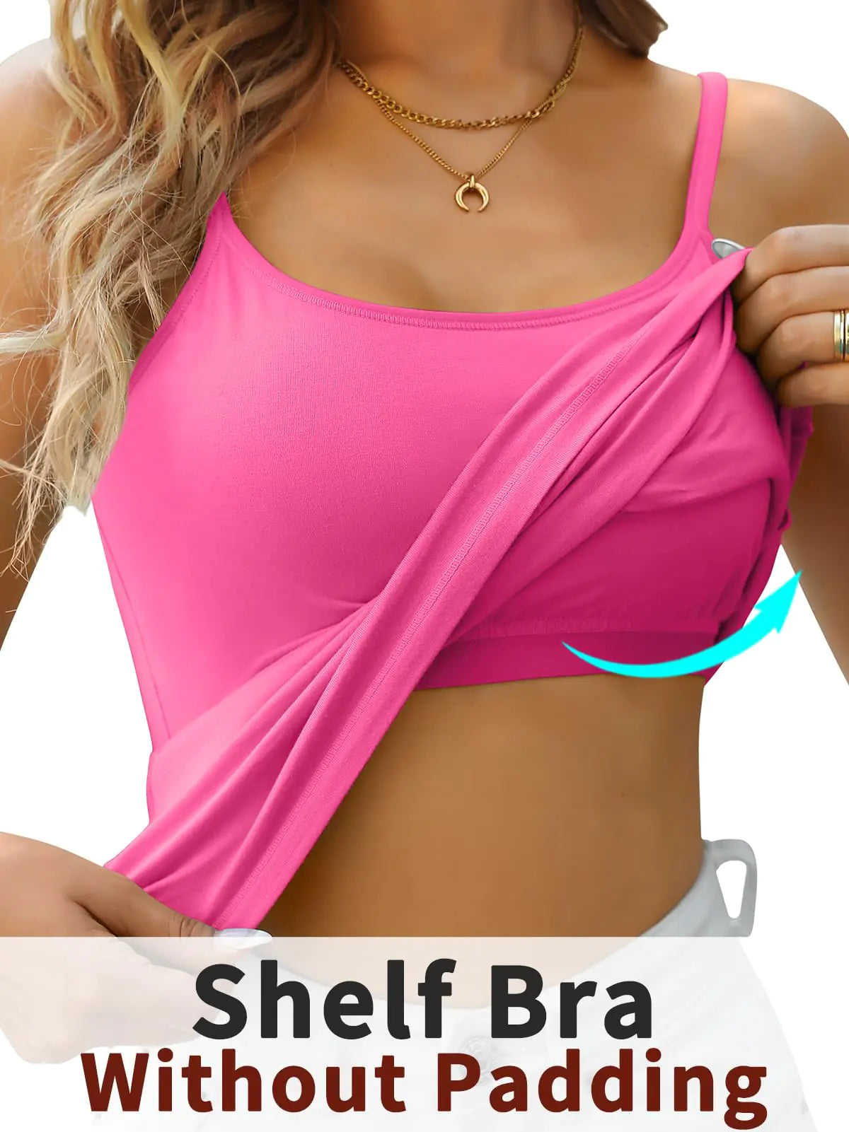 V FOR CITY Cotton Shelf Bra Camisoles Top for Women Adjustable Spaghetti Strap Tank Tops Basic Layer Camis 2 Pack Medium Black/Hot Pink Rieworkes