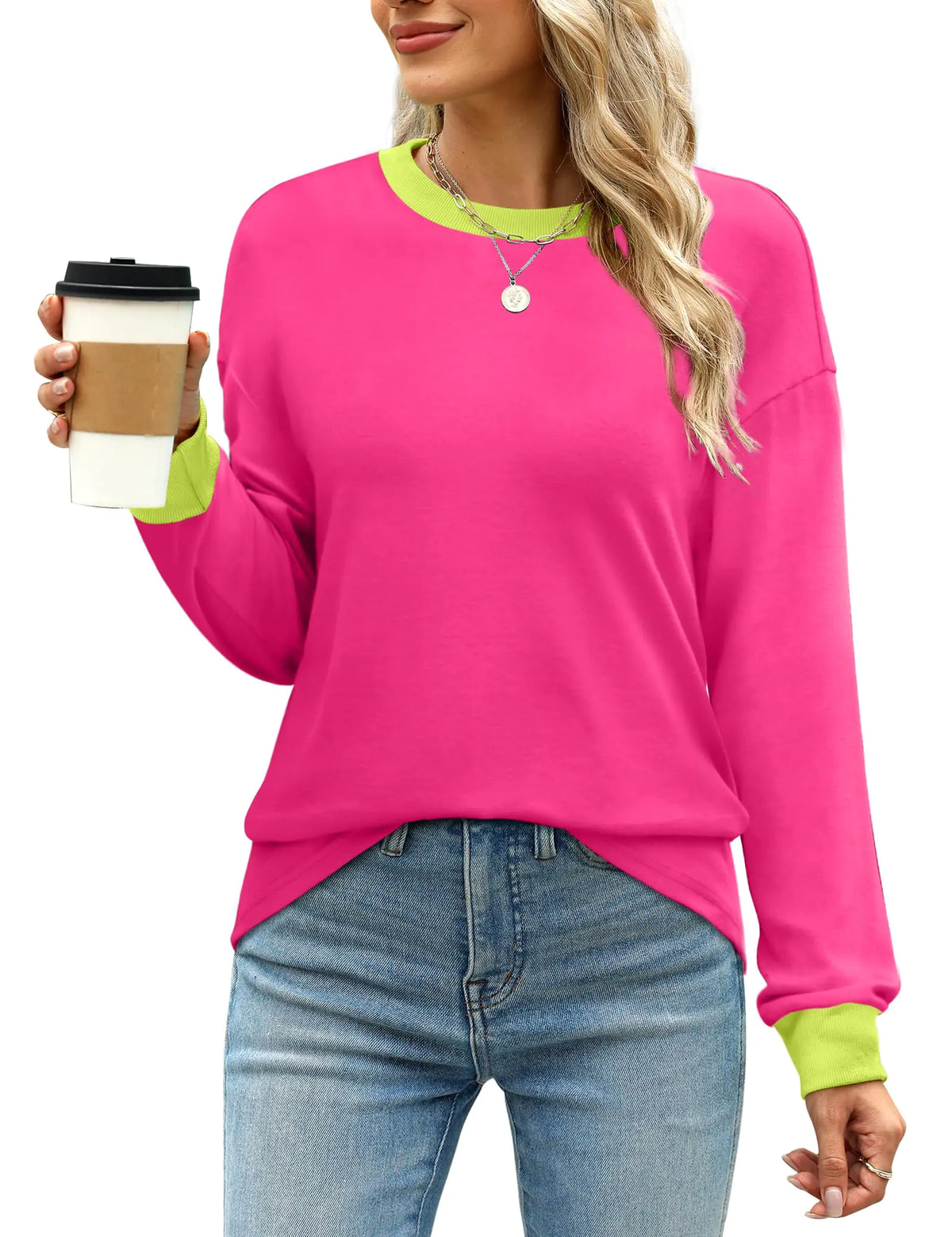 WIHOLL Womens Tunic Tops Long Sleeve Striped Shirts Crewneck Tops Plain Hot Pink X-Large Rieworkes